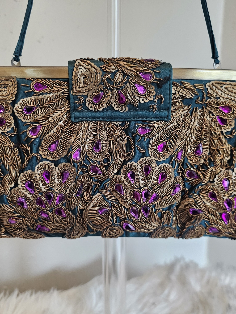 Vintage Santi Teal Satin Purple & Gold Beaded Evening Clutch Bag Fairycore - Picture 4 of 14